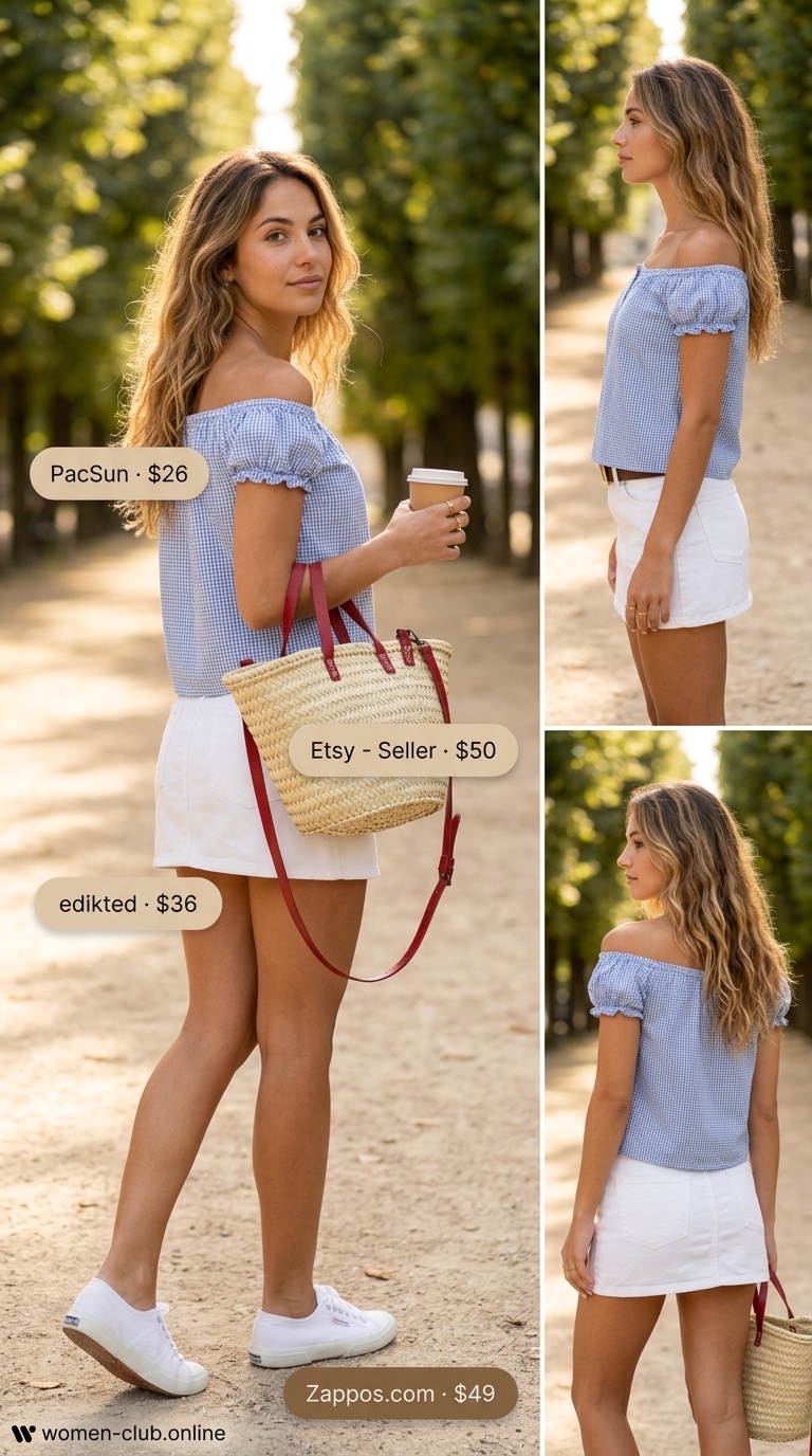 Retro picnic chic casual summer off-shoulder outfits for women 2026: Blue gingham top, white denim skirt, red bandana.