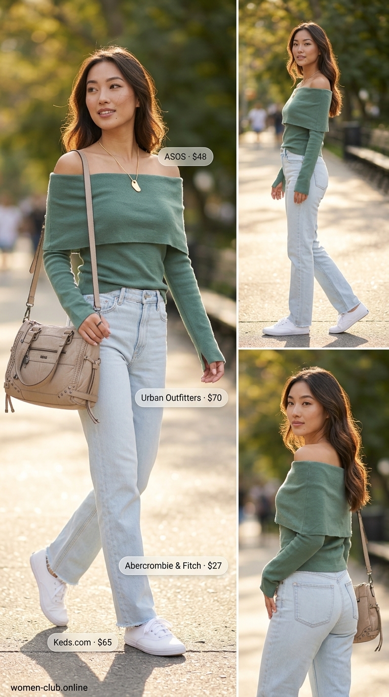 Casual summer off-shoulder outfits for women 2026: Sage green knit top, light blue jeans, white sneakers for weekend comfort.