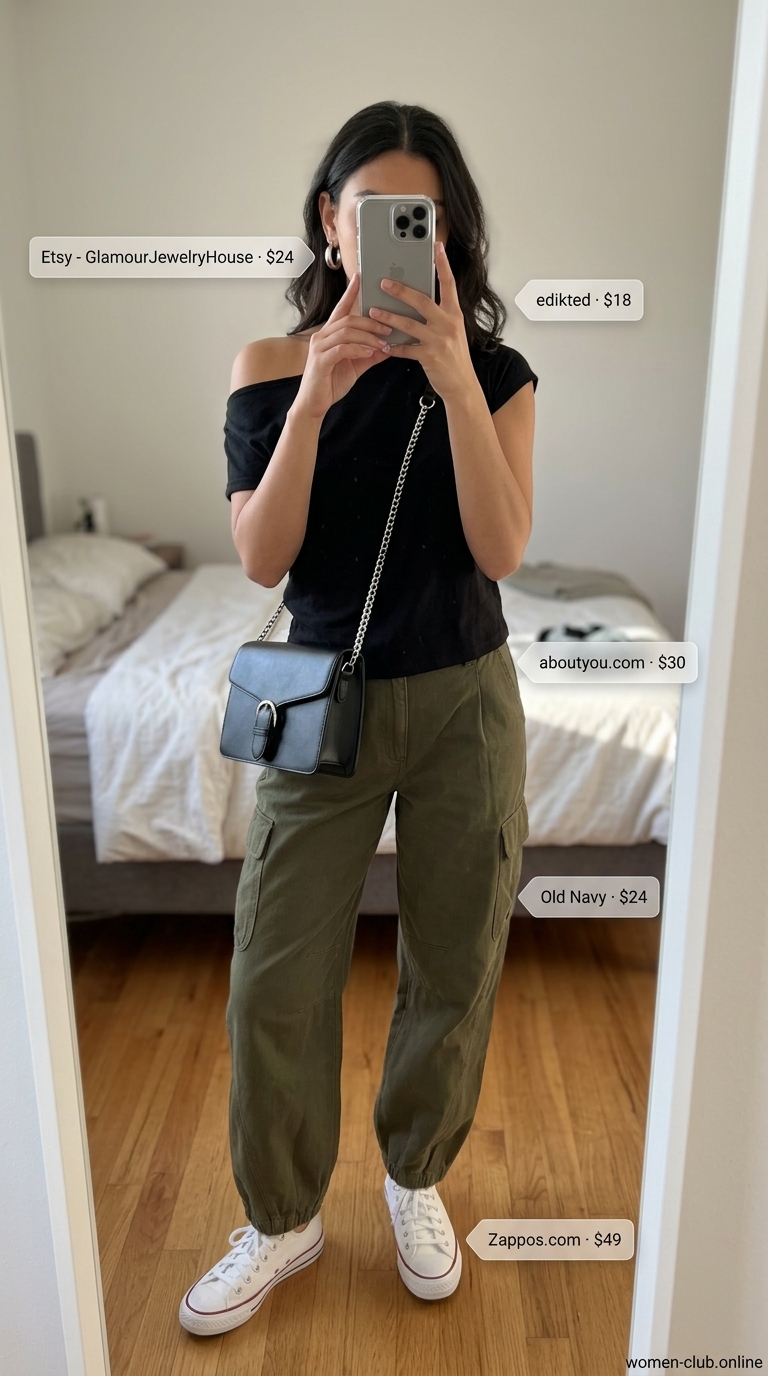 Casual summer off-shoulder outfits for women 2026: Black off-shoulder top, olive cargo pants, sneakers for urban chic.