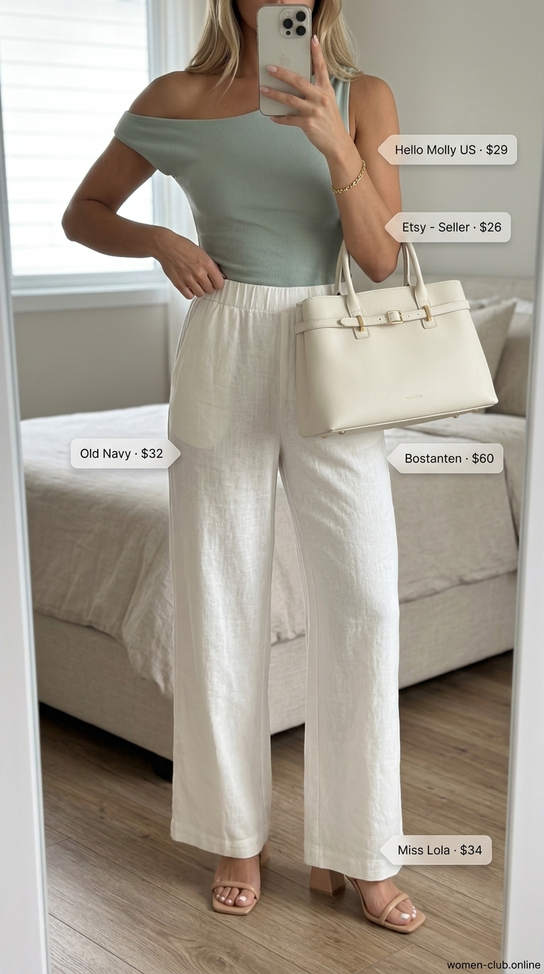 Casual summer off-shoulder outfits for women 2026: Sage green top, cream linen pants, nude mules for coastal evening.