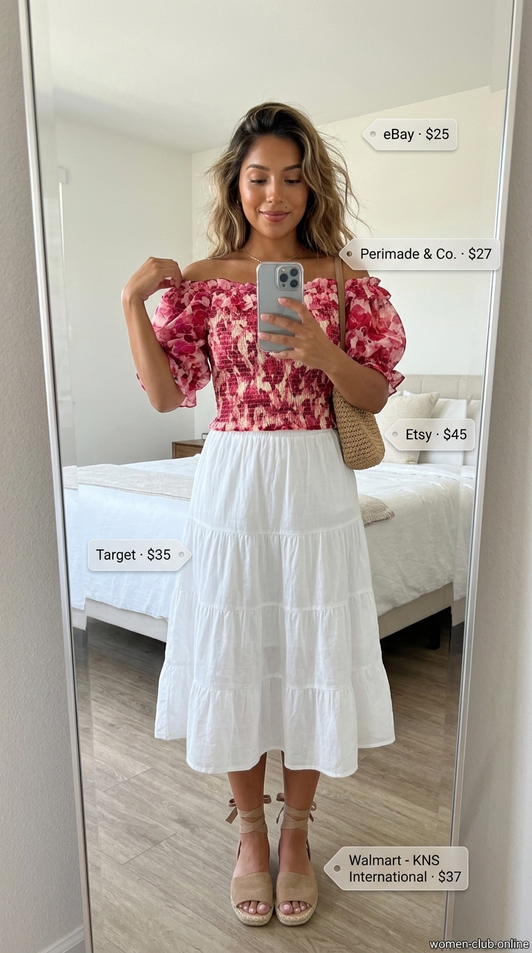 Casual summer off-shoulder outfits for women 2026: Pink floral top, white midi skirt, espadrilles for a garden party.