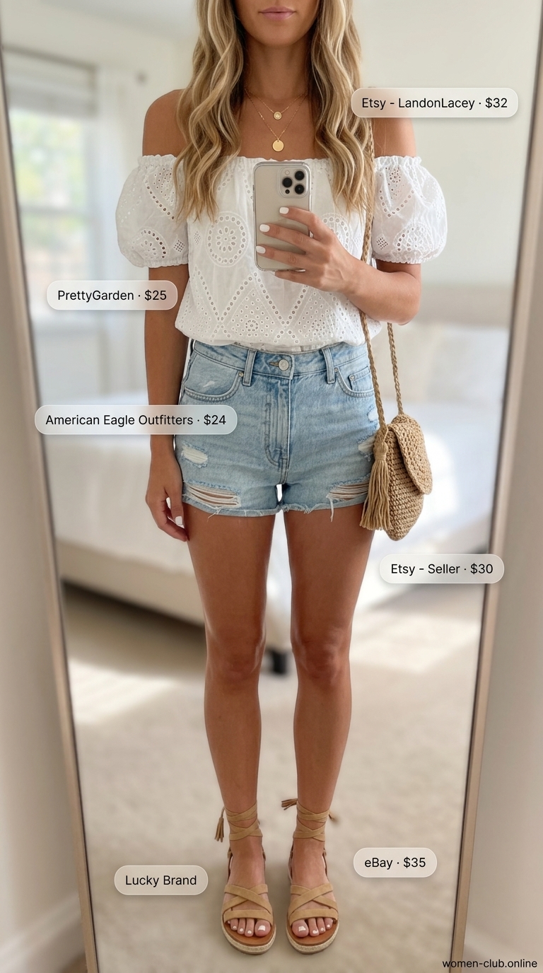 Casual summer off-shoulder outfits for women 2026: White embroidered peasant blouse, denim shorts, espadrilles for boho brunch.