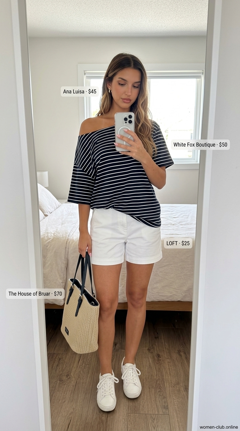 Casual summer off-shoulder outfits for women 2026: Striped top, white shorts, straw tote for seaside style.
