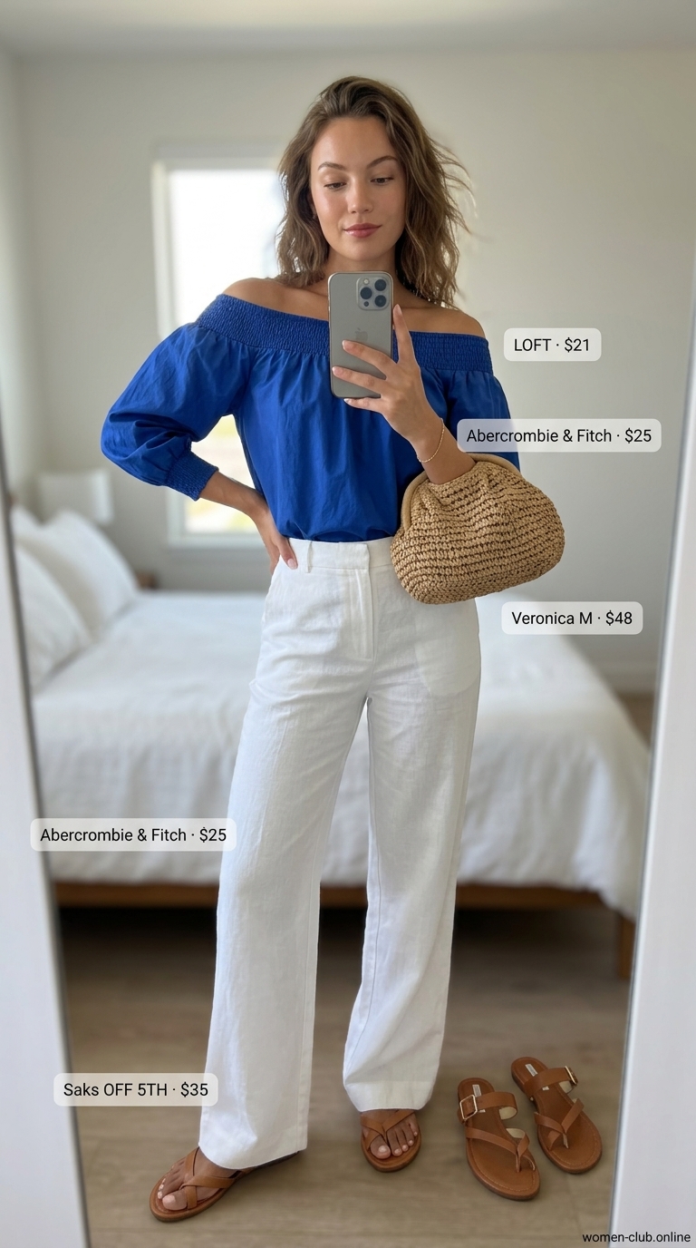 Casual summer off-shoulder outfits for women 2026: Sky blue top, white wide-leg trousers, tan slides for Riviera style.