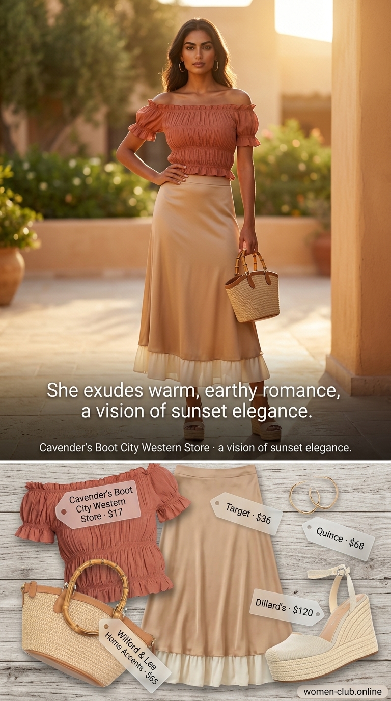 Casual summer off-shoulder outfits for women 2026: Terracotta linen crop top, beige maxi skirt, espadrilles for resort nights.