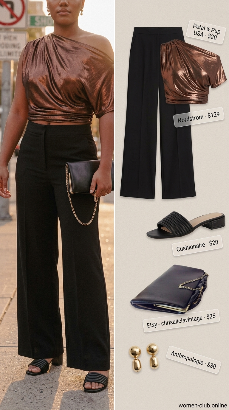Relaxed summer glam casual summer off-shoulder outfits for women 2026: Bronze top, black trousers, gold heels.