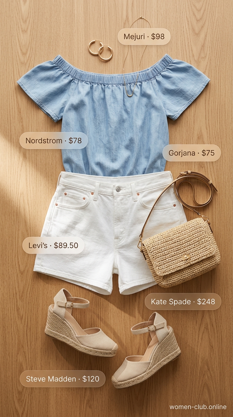 Casual summer off-shoulder outfits for women 2026: Chambray top, white tailored shorts, tan slides for everyday chic.