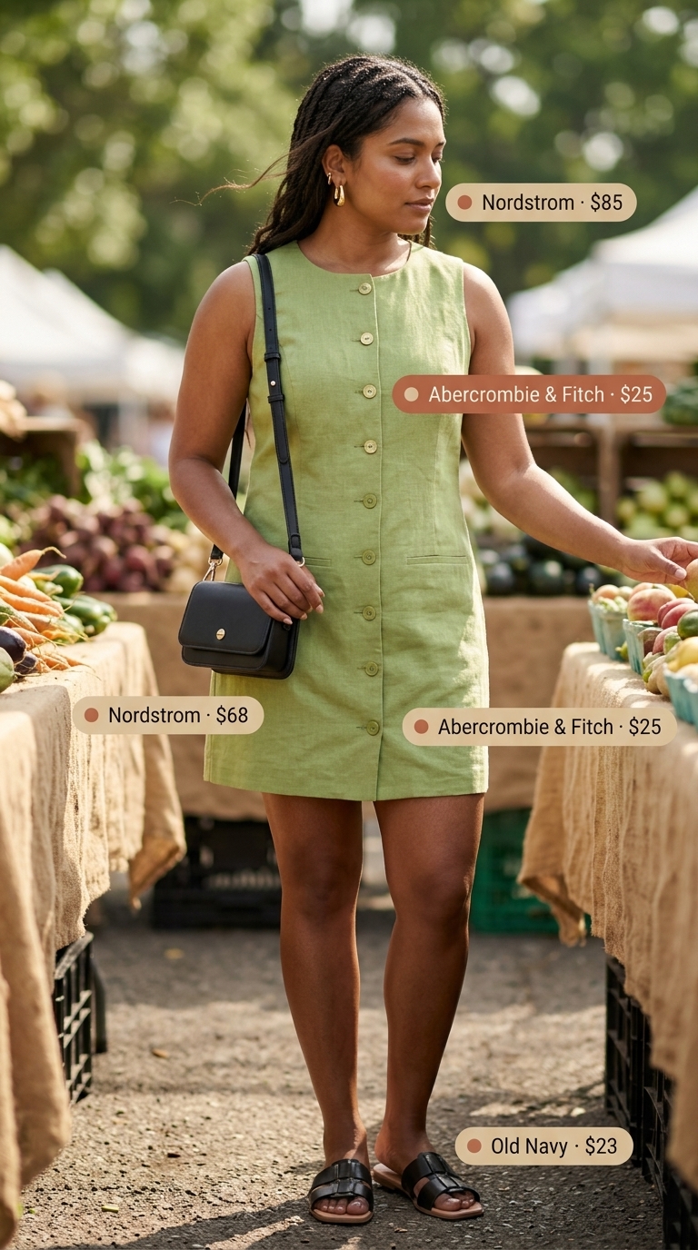 Midsize dress outfits summer for women 2026: Olive green linen dress for weekend market trips and casual lunches.