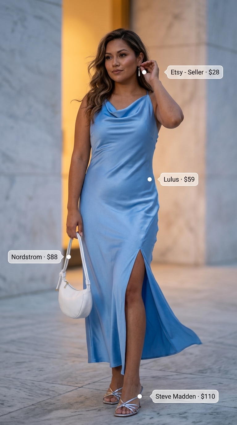 Midsize dress outfits summer for women 2026: Sky blue satin dress for a romantic date night with silver accessories.