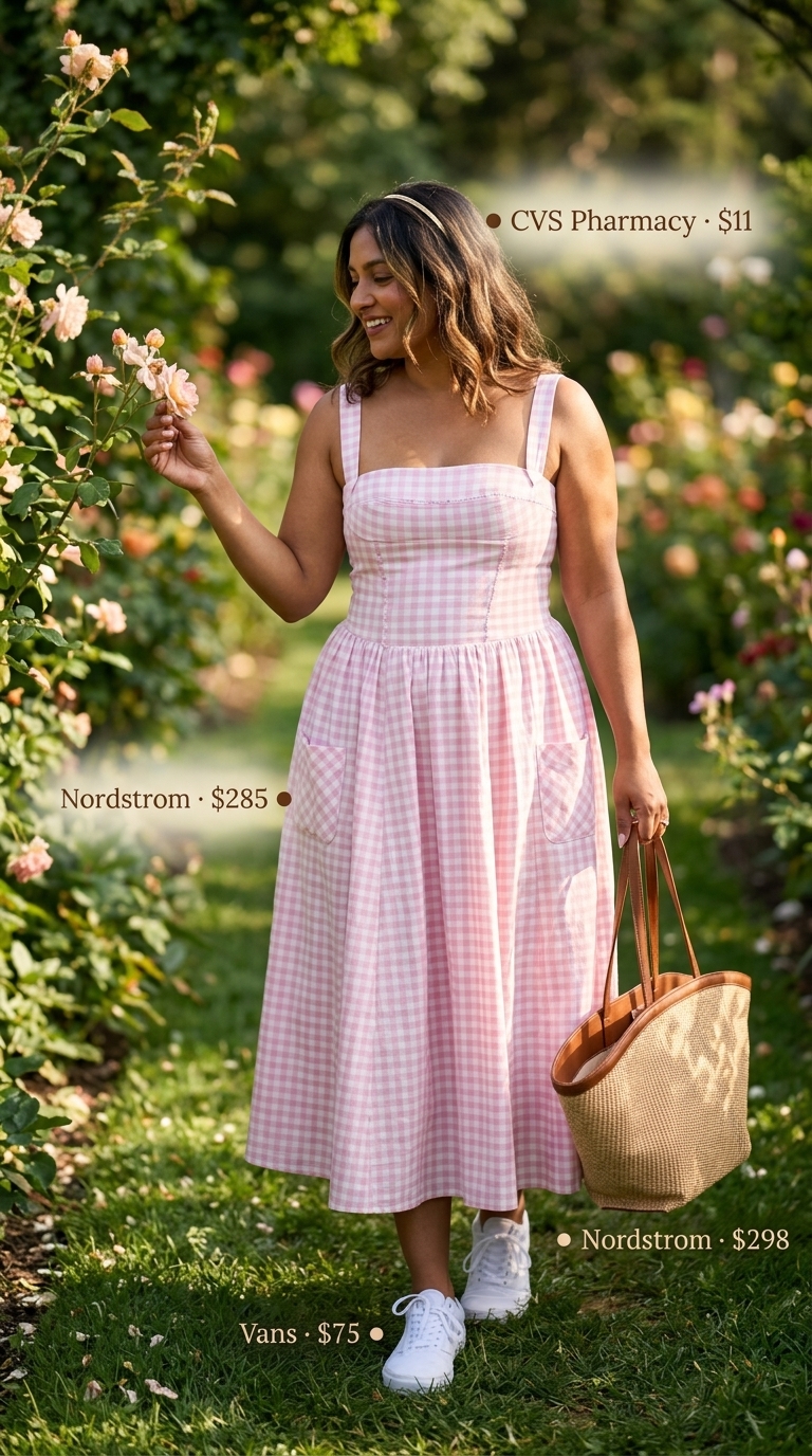 Midsize dress outfits summer for women 2026: Olive green t-shirt dress, white sneakers, straw tote for park picnic.