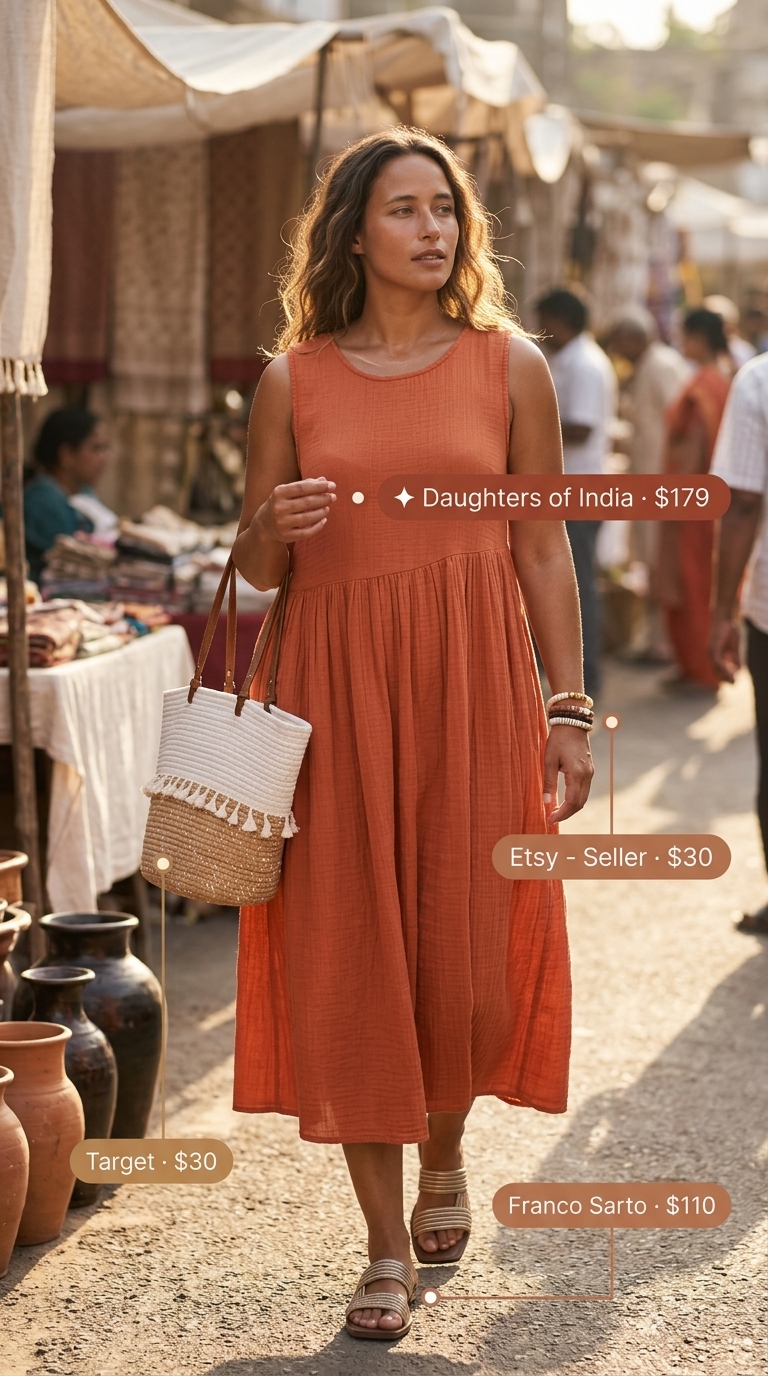 Midsize dress outfits summer for women 2026: Terracotta embroidered peasant dress for artisan market trips.