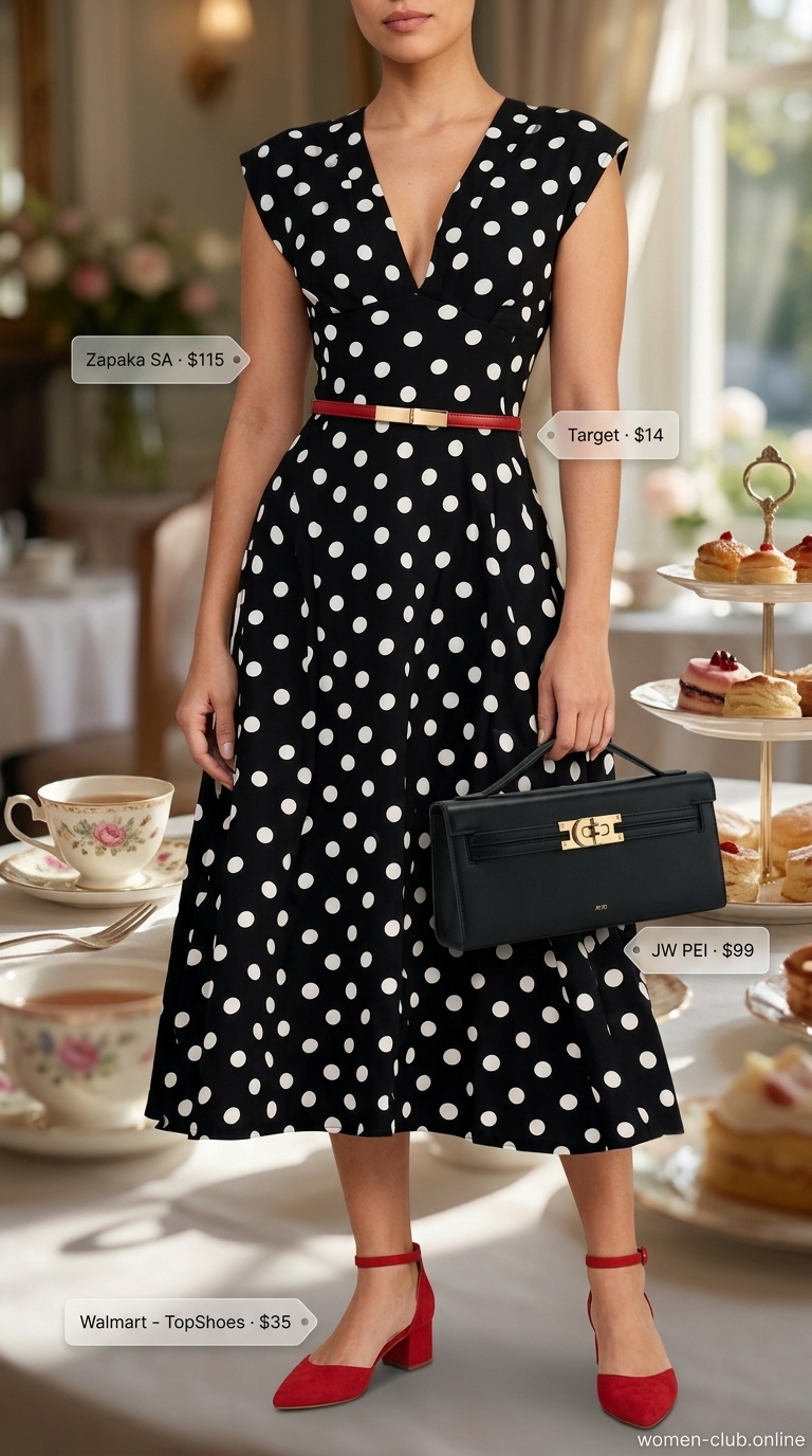 Midsize dress outfits summer for women 2026: Black polka dot tea-length dress, red heels for a retro party.