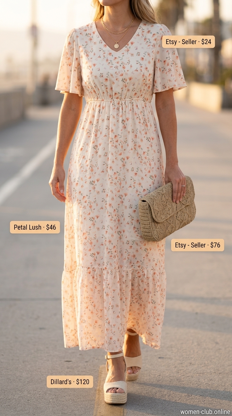 Midsize dress outfits summer for women 2026: Coral and orange floral maxi dress for boardwalk strolls and resort dinners.