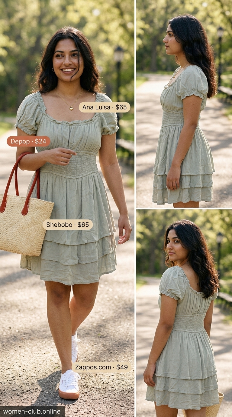 Midsize dress outfits summer for women 2026: Sage green smocked dress, white sneakers, straw basket bag for park picnic.