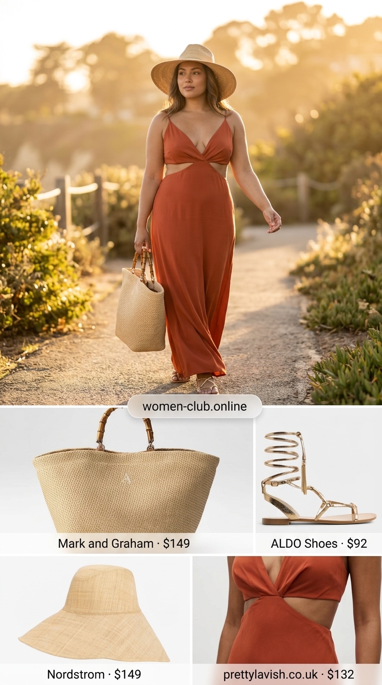 Midsize dress outfits summer for women 2026: Rust linen maxi dress, straw tote, oversized hat, and gold sandals for resort wear.