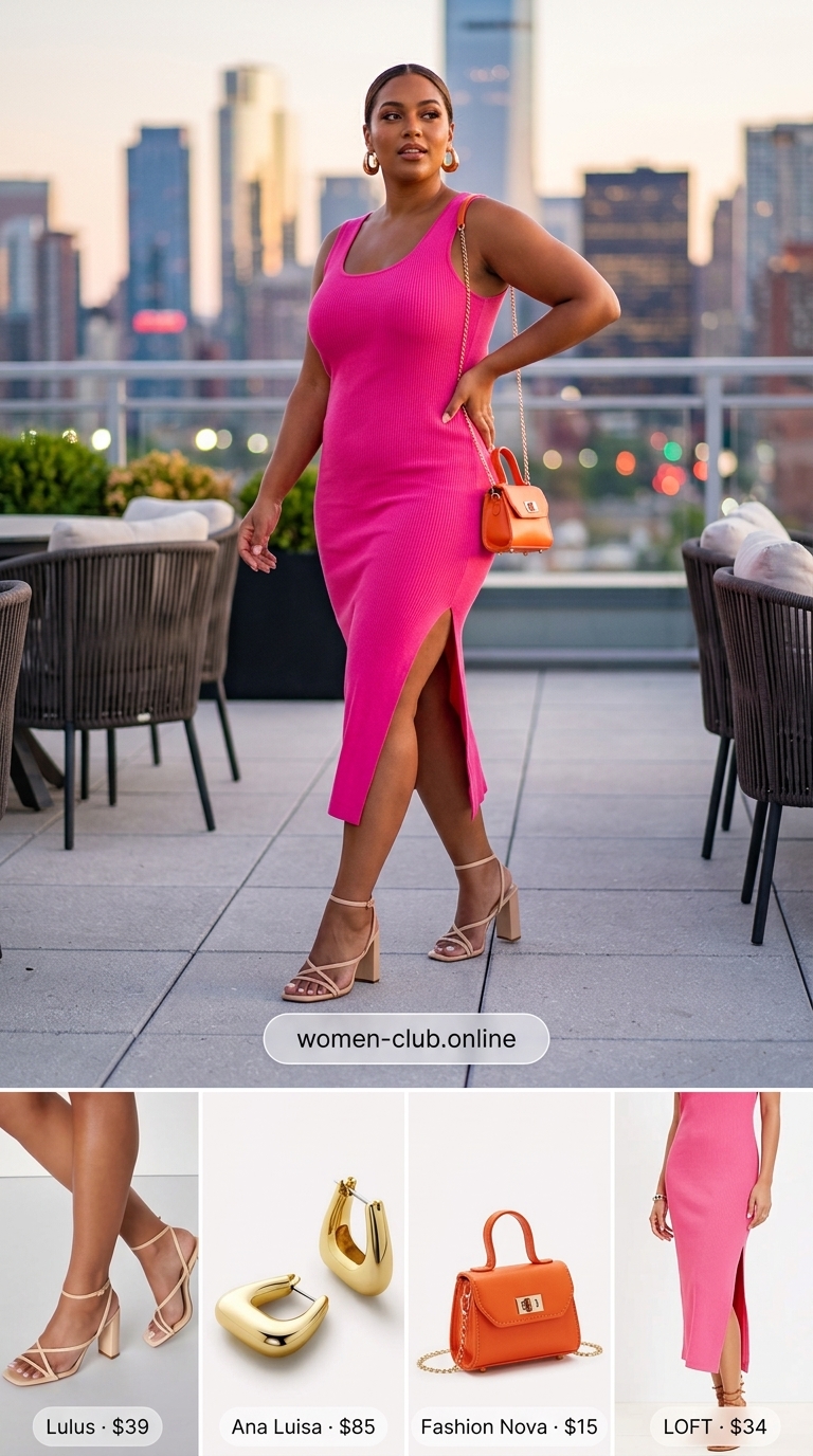 Midsize dress outfits summer for women 2026: Hot pink ribbed midi dress, nude heels, orange bag, and gold hoops for cocktails.