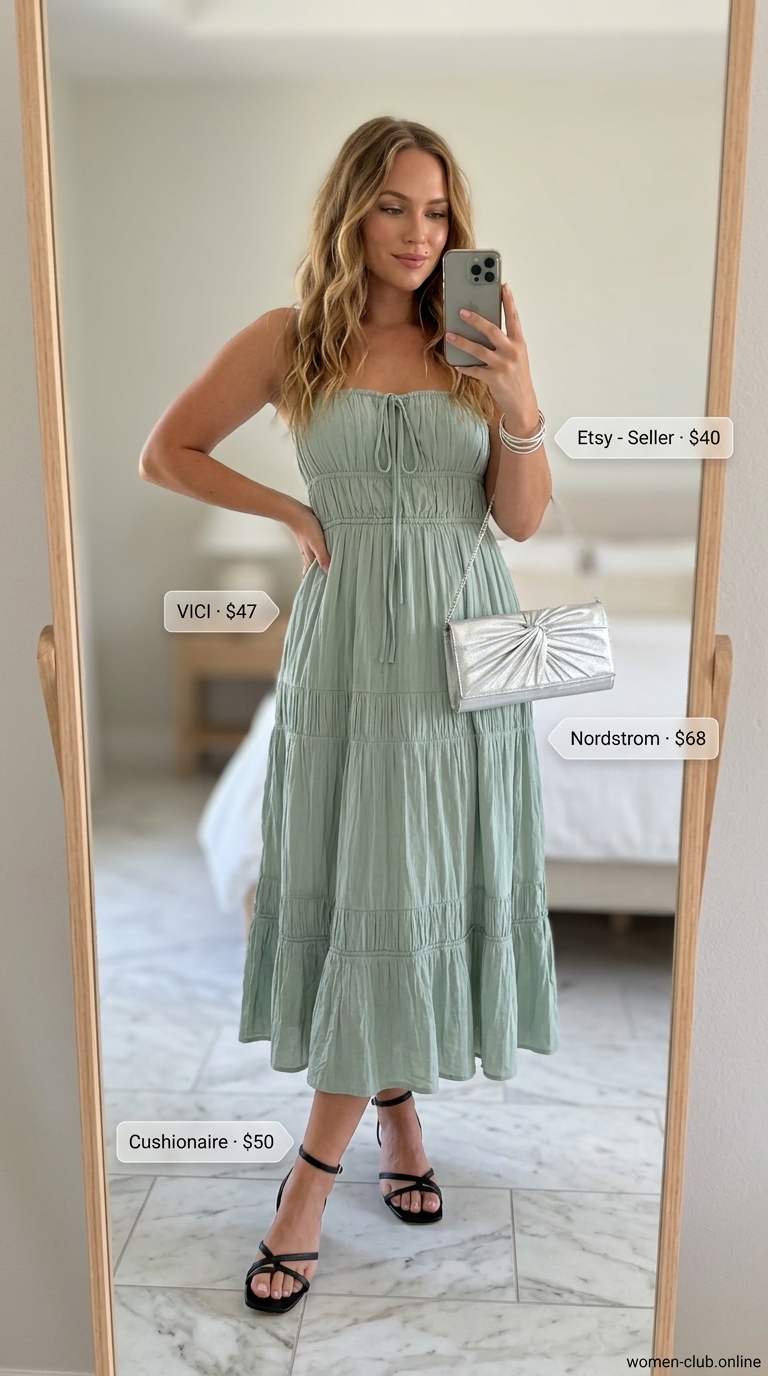 Midsize dress outfits summer for women 2026: Sage green tiered midi dress for garden parties and outdoor events.