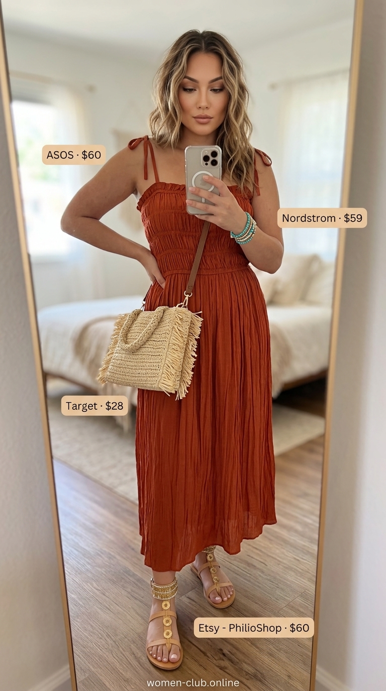 Midsize dress outfits summer for women 2026: Bohemian burnt orange maxi dress for beach sunsets and festivals.