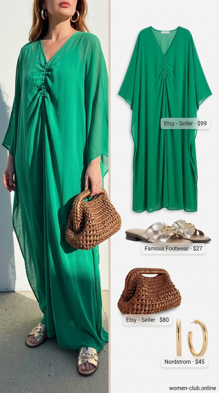 Midsize dress outfits summer for women 2026: Emerald green caftan dress for resort dinners and beach events.