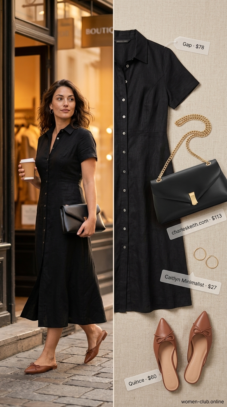 Midsize dress outfits summer for women 2026: Black linen midi dress, cognac mules, structured bag for effortless brunch.