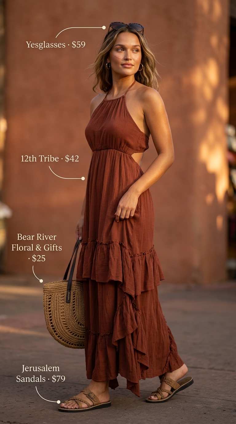 Versatile every day summer outfits for women 2026: Terracotta maxi dress, tan sandals for bohemian market day.