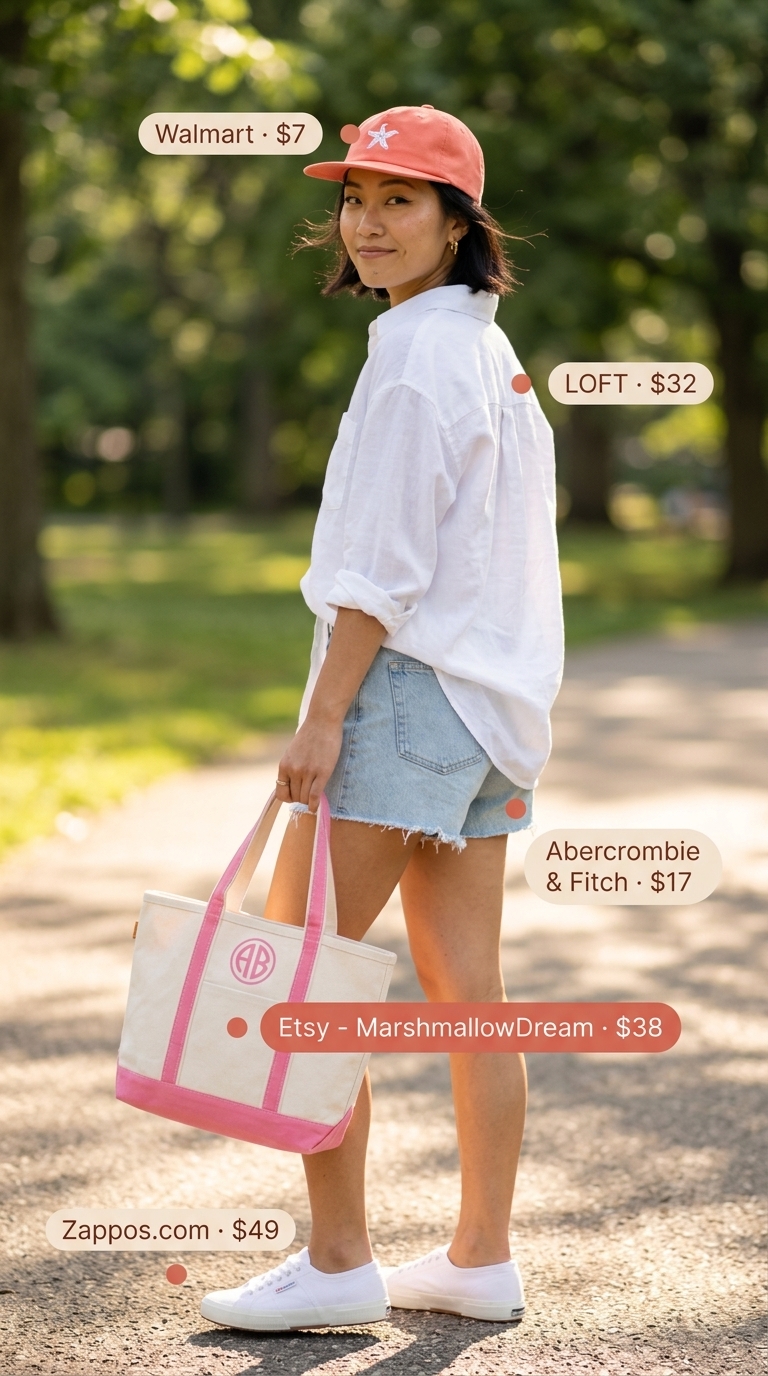 Versatile every day summer outfits for women 2026: White linen shirt, denim shorts, coral cap & tote for a park day picnic.
