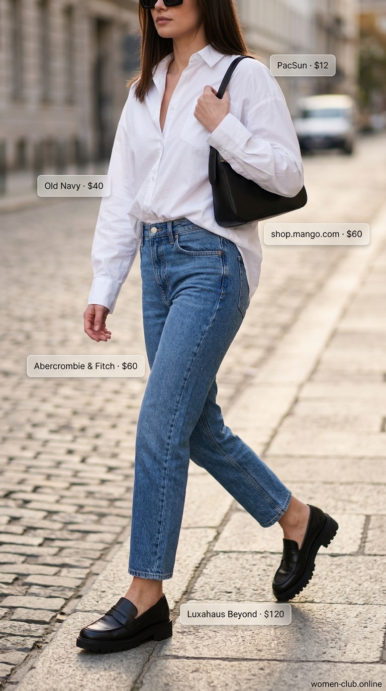Versatile every day summer outfits for women 2026: White shirt, denim jeans, loafers for weekend coffee run.