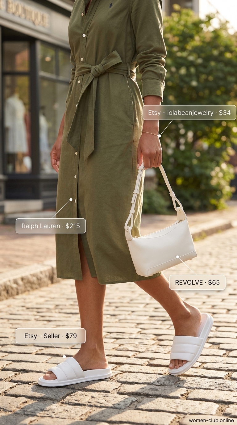 Versatile every day summer outfits for women 2026: Khaki shirtdress, white sandals for art gallery.