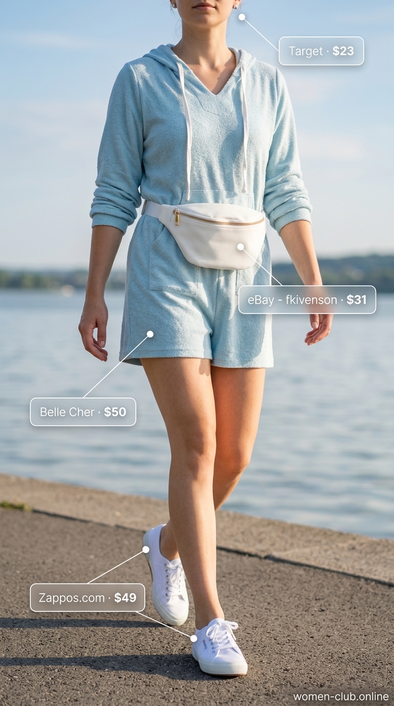 Lakeside leisure outfit: sky blue romper, white sneakers for versatile every day summer outfits for women 2026.