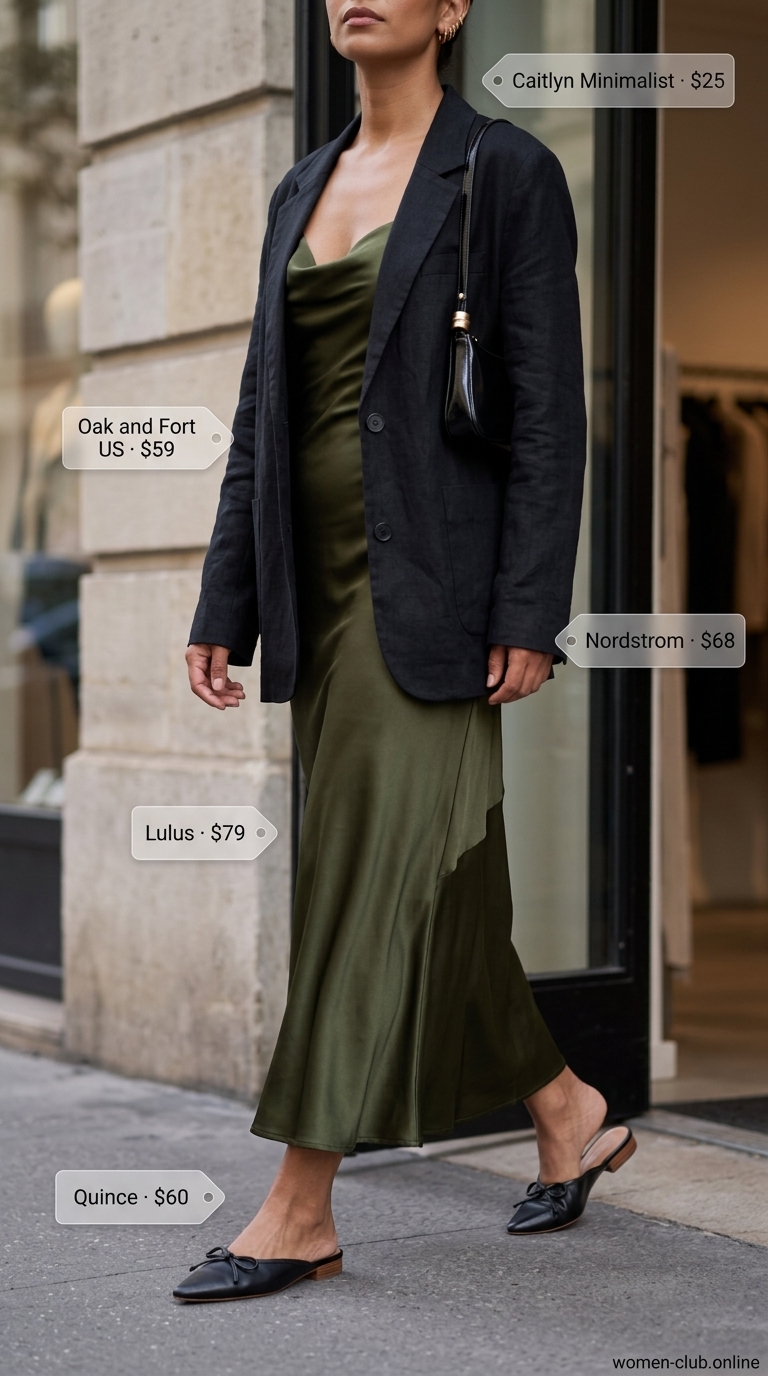 Sunny city explorer outfit: olive slip dress, linen blazer, mules for versatile every day summer outfits for women 2026.
