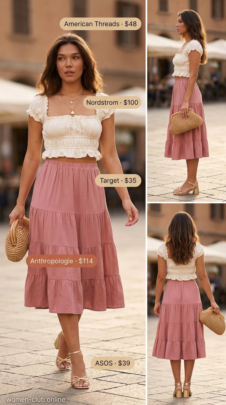 Versatile every day summer outfits for women 2026: Dusty rose skirt, ivory crop top, gold sandals for an al fresco lunch.