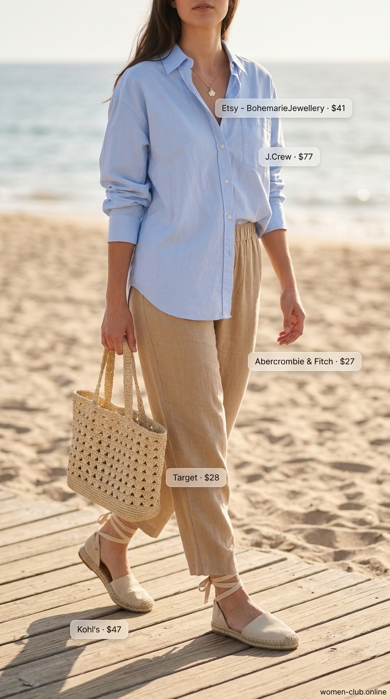 Boardwalk Breeze outfit: white linen pants, blue shirt, espadrilles for versatile every day summer outfits for women 2026.
