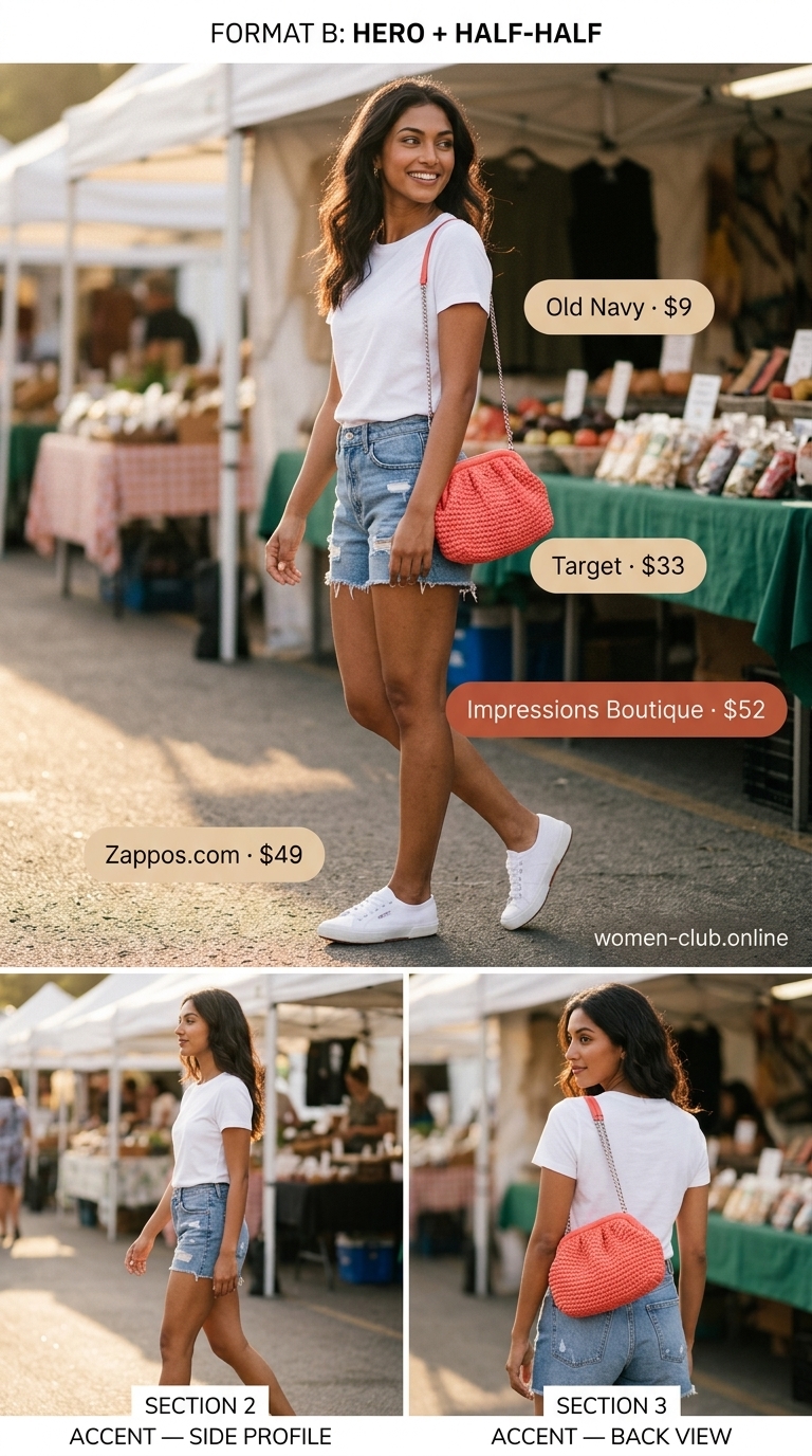 Weekend market outfit: denim shorts, coral bag, white tee for versatile every day summer outfits for women 2026.