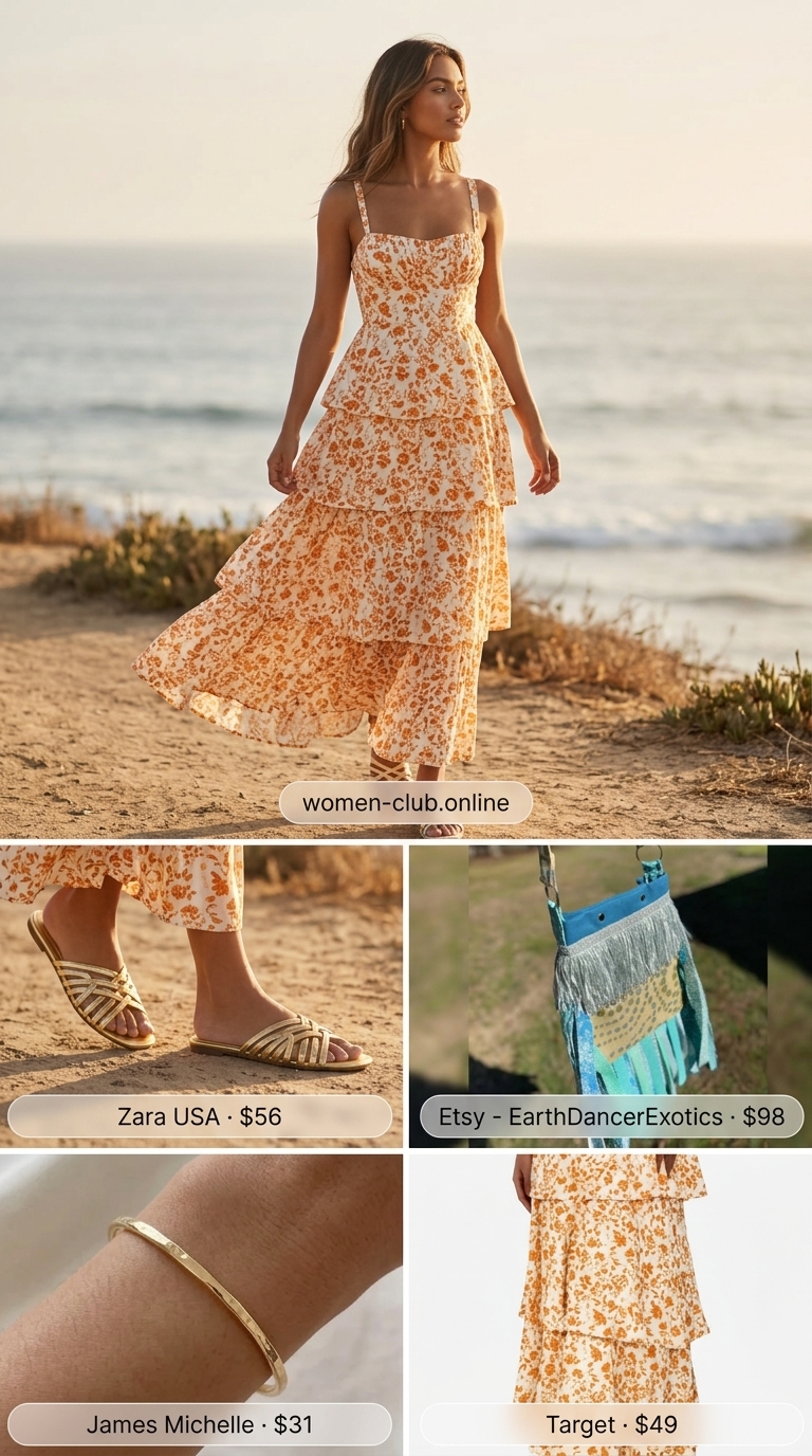 Versatile every day summer outfits for women 2026: Sunset orange maxi dress, teal bag & gold sandals for a beach walk.