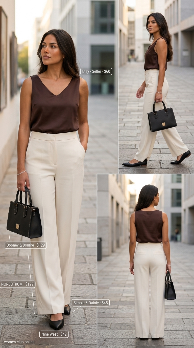 Elevated errands outfit: beige linen pants, chocolate top, loafers for versatile every day summer outfits for women 2026.