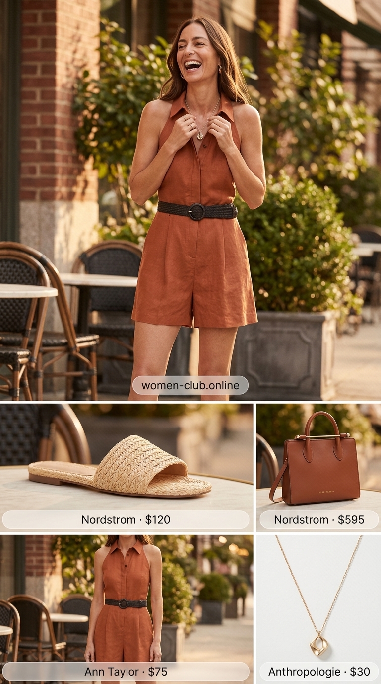 Versatile every day summer outfits for women 2026: Terracotta romper, cream sandals, tan bag for brunch.