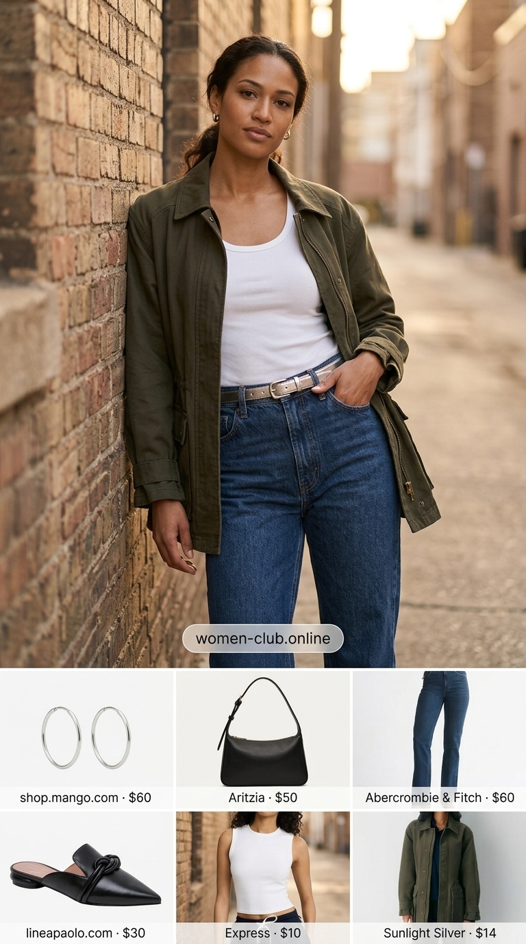 Casual Friday outfit: dark wash jeans, white tank, olive jacket for versatile every day summer outfits for women 2026.