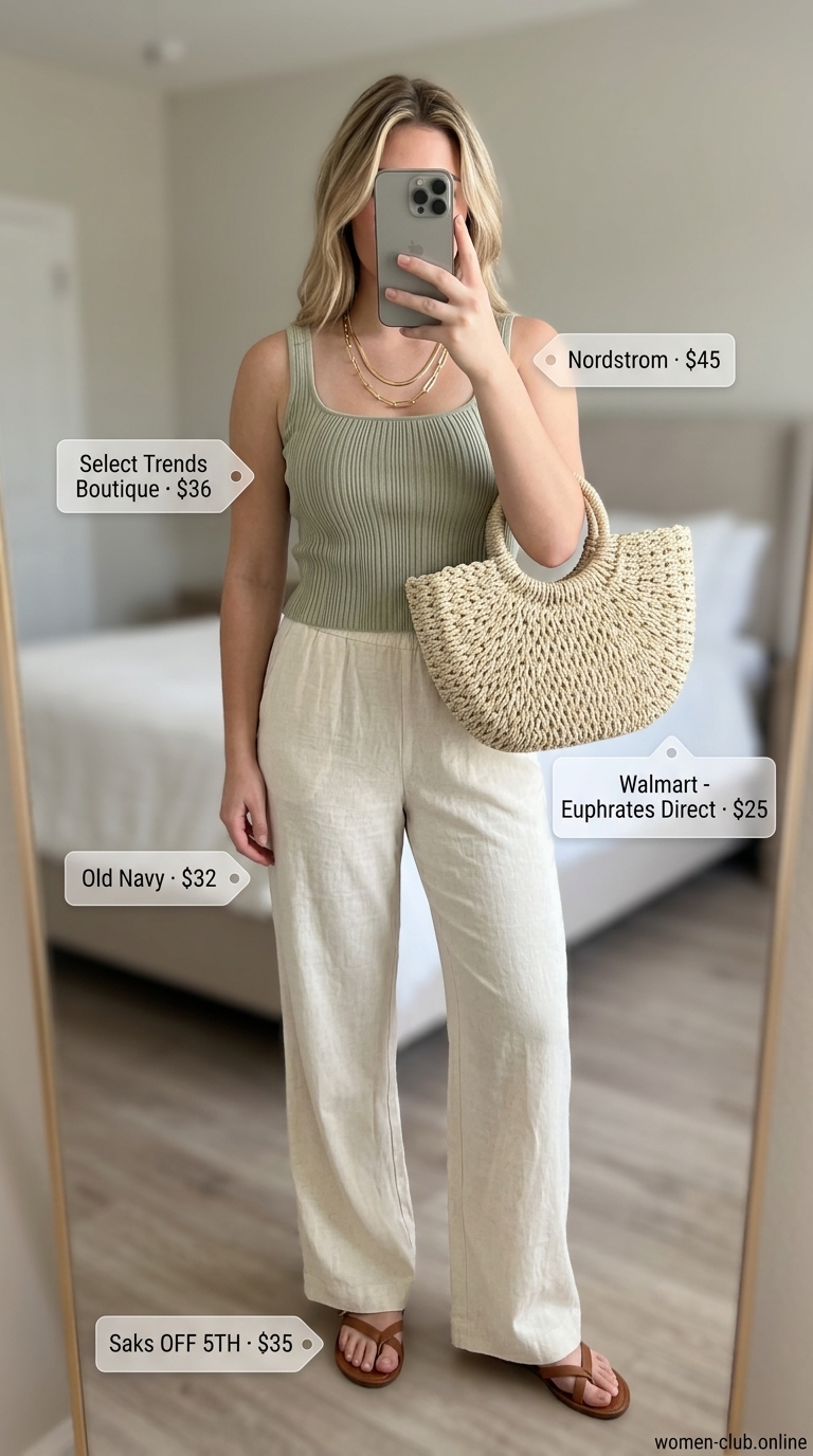 Versatile every day summer outfits for women 2026: Cream linen pants, sage tank, straw bag for coastal vibes.