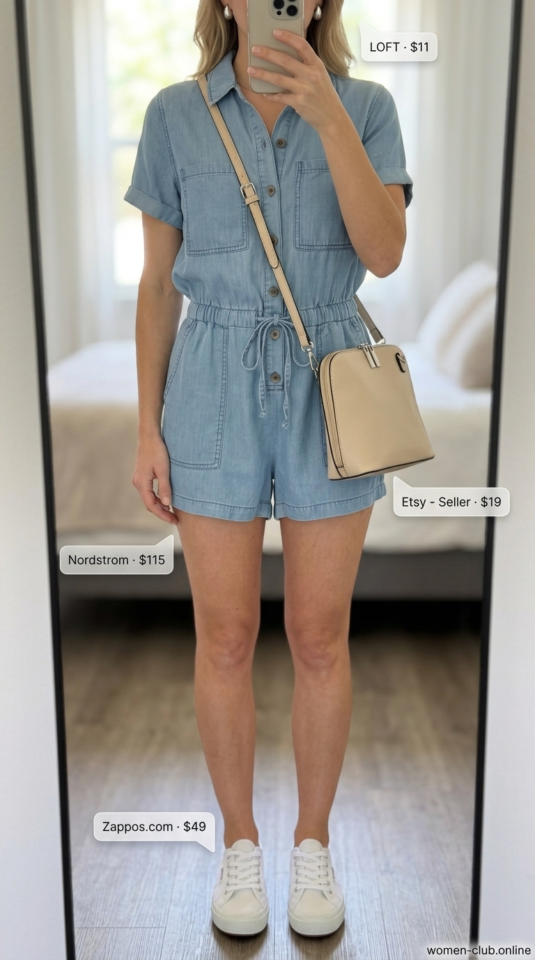 Versatile every day summer outfits for women 2026: Sky blue romper, white sneakers for playful park picnic.