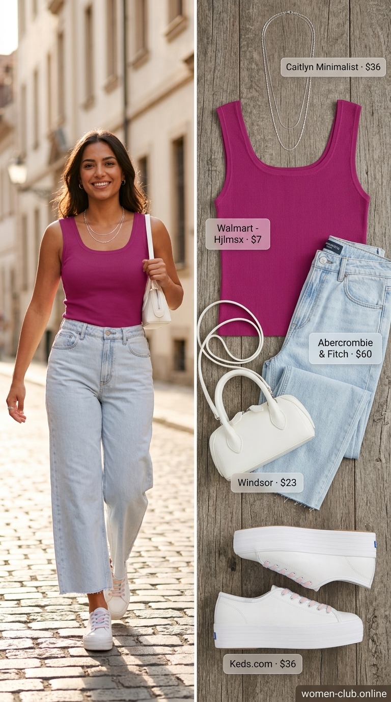 Versatile every day summer outfits for women 2026: Fuchsia tank, denim wide-leg jeans, white sneakers for a vibrant look.
