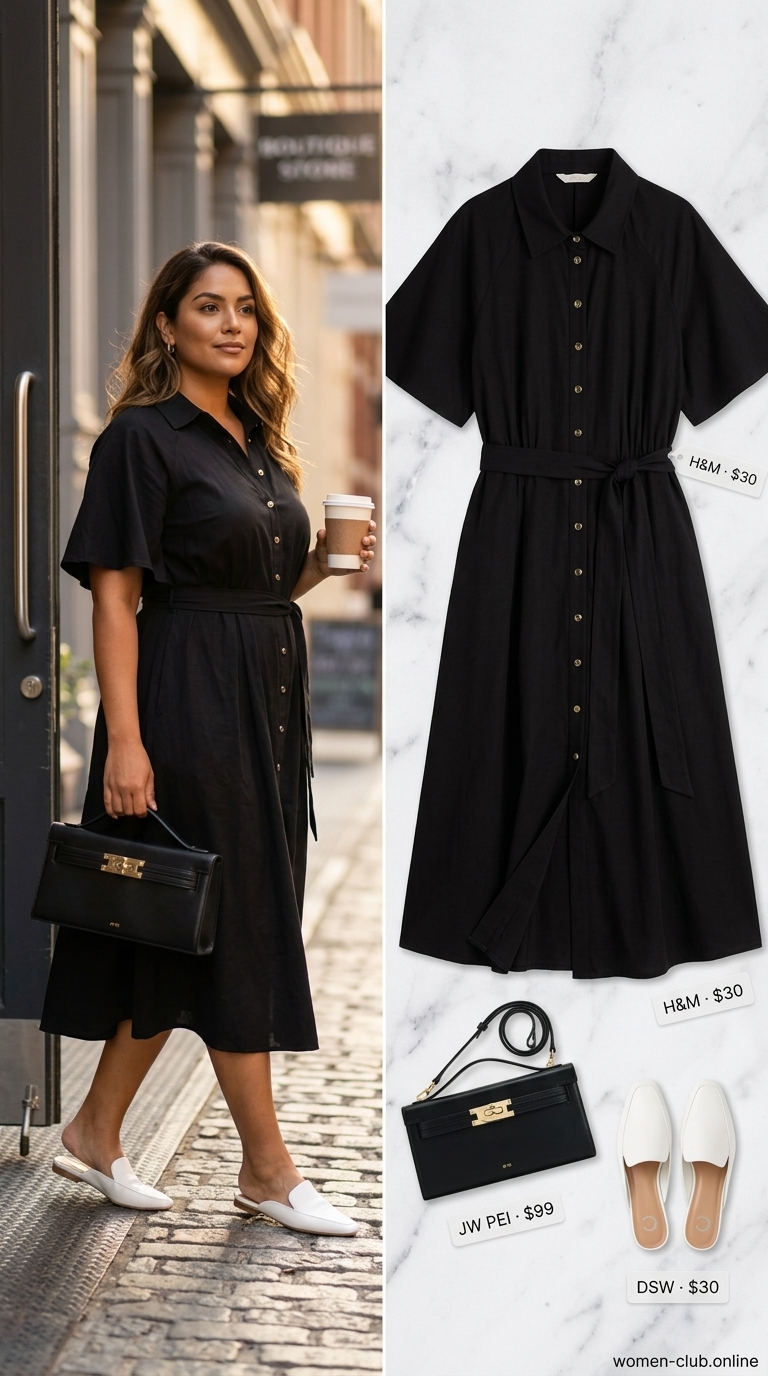 Monochrome black shirt dress outfit for versatile every day summer outfits for women 2026. Perfect for shopping or dinner.