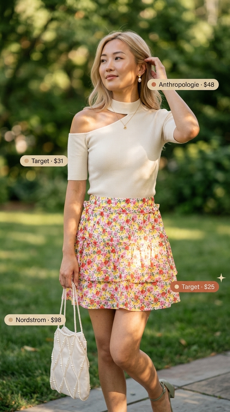 Garden Party mini skirt outfit summer 2026: Floral print skirt, cream knit top, block heels.