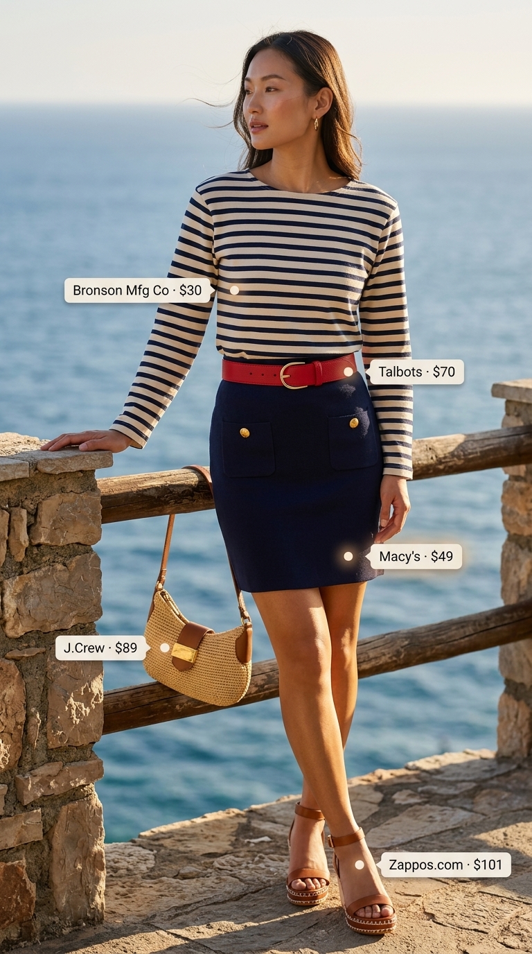 Coastal Grandeur mini skirt outfit summer 2026: Navy blue cotton twill skirt, Breton stripe top, espadrilles.