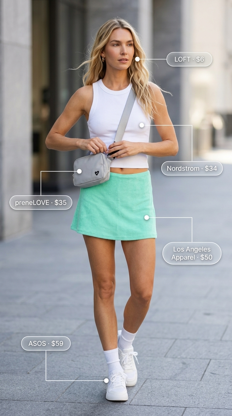 Sporty mini skirt outfit summer 2026: Mint green terry cloth skirt, white tank, belt bag.