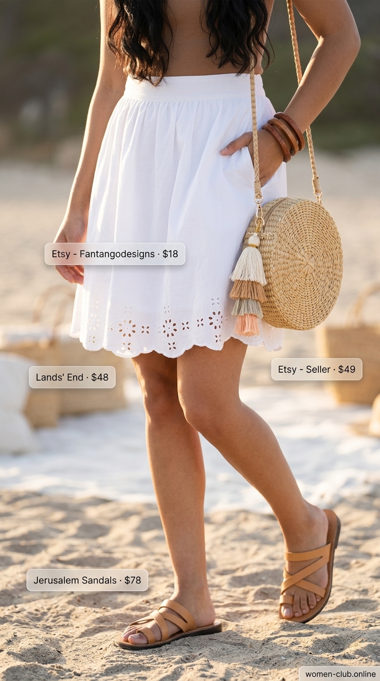 Boho mini skirt outfit summer 2026: White eyelet skirt, off-the-shoulder blouse, leather slides.