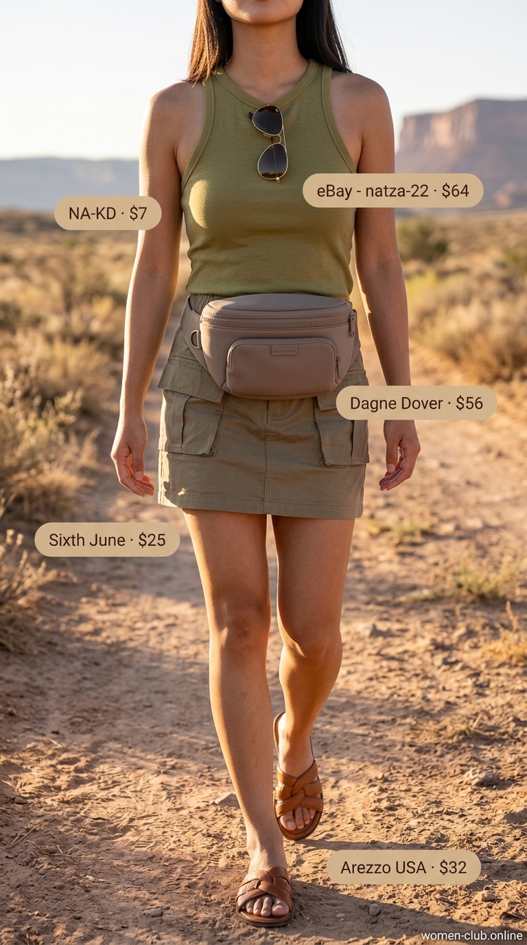 Earthy mini skirt outfit summer 2026: Olive utility skirt, khaki tank, cognac slides, belt bag.