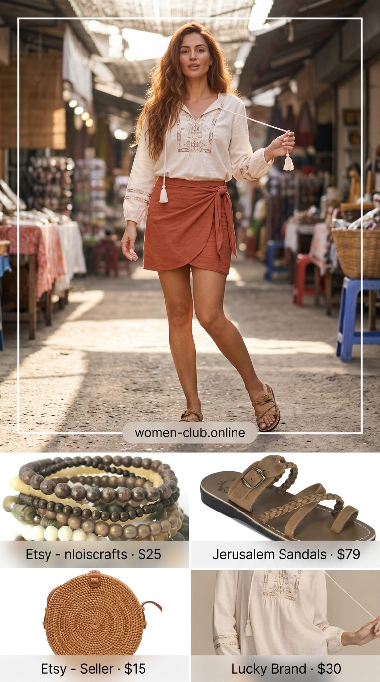 Bohemian mini skirt outfit summer 2026: Terracotta crinkle wrap skirt, cream peasant blouse, tan slides, rattan bag.