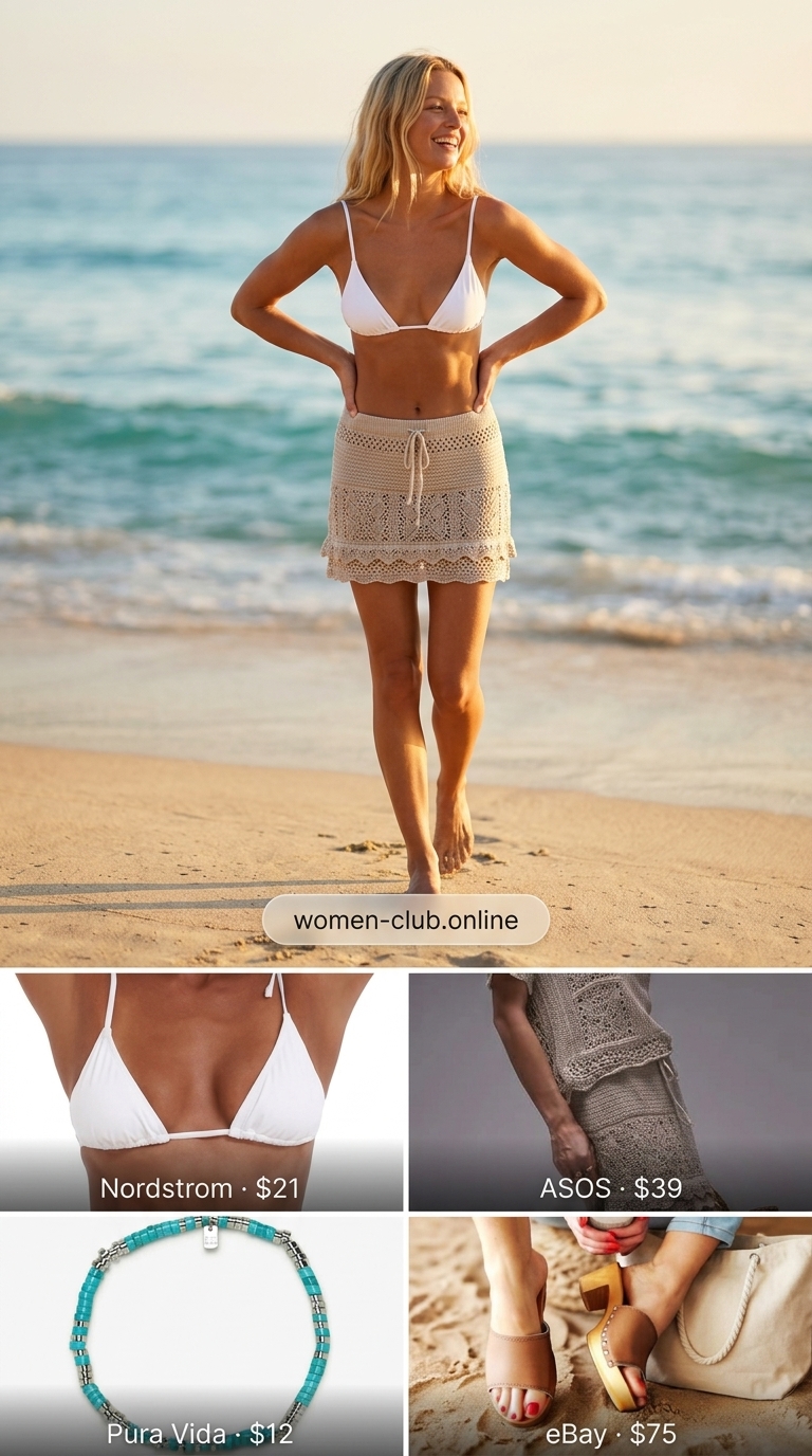 Resort mini skirt outfit summer 2026: Cream crochet skirt, white bikini top, wooden slides, canvas tote.
