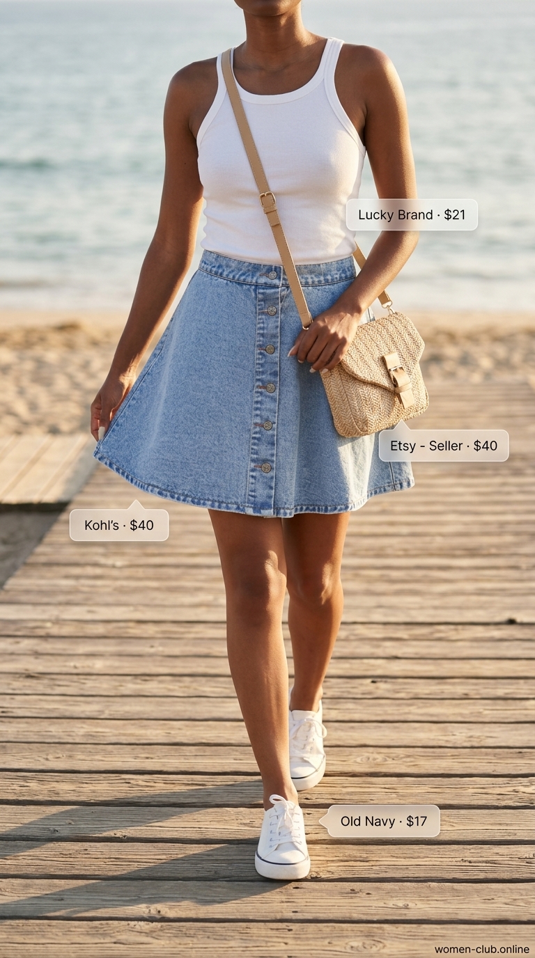Casual mini skirt outfit summer 2026: Light wash denim skirt, white tank, straw bag, canvas sneakers.