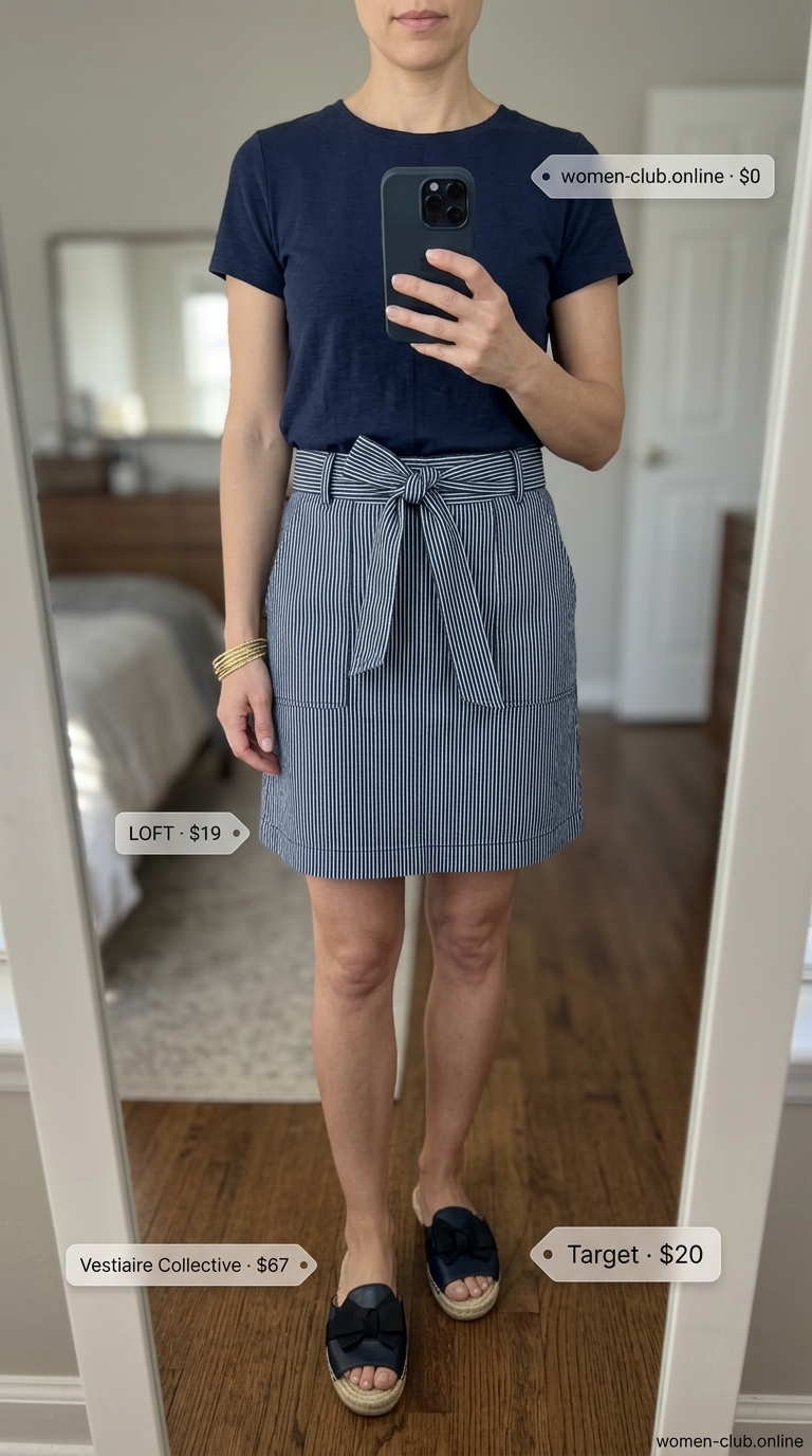 Riviera mini skirt outfit summer 2026: Navy stripe skirt, white knit top, red bag, espadrille slides.